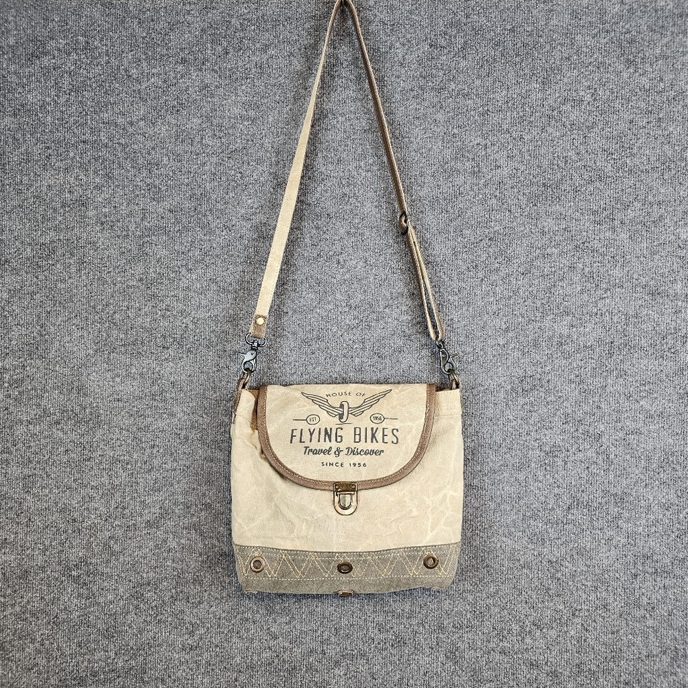 Myra‎ Bag "Flying Bikes" Upcycled Canvas & Leather Crossbody Bag